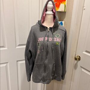 John Deere Gray Hoodie with Pink Lined Hood and Floral Detail